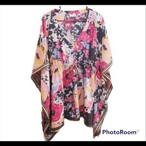 New York & Company White Multi Floral Relax Fit Poncho Tie Short Sleeve Top